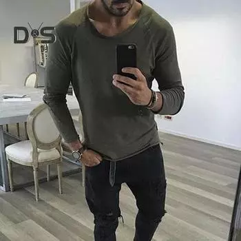 Весна Осень Мужской Топ Приталенный Покрой Рваный Край О-Образный Вырез Однотонный Длинный Рукав Пуловер Средней Длины Повседневная Одежда В Ретро Стиле Повседневная Футболка XXL белый