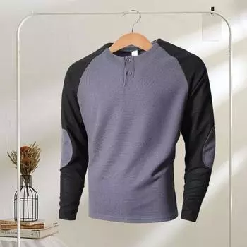 Весна Осень Мужской Топ Регулярный Крой Цветные Блоки Длинный Рукав Футболка Застегивается На Пуговицах Круглый Вырез S хаки
