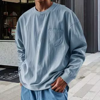 Весна Осень Мужской Топ с Нагрудным Карманом Круглый Вырез Длинные Рукава Эластичные Манжеты S чёрный