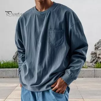 Весна Осень Мужской Топ с Нагрудным Карманом Круглый Вырез Длинные Рукава Эластичные Манжеты Футболка Однотонный Цвет Свободный Толстовка Для Повседневного Ношения Спорт S чёрный