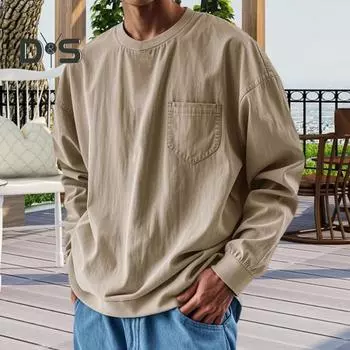 Весна Осень Мужской Топ с Нагрудным Карманом Круглый Вырез Длинные Рукава Эластичные Манжеты Футболка Однотонный Цвет Свободный Толстовка Для Повседневного Ношения Спорт S светло-синий