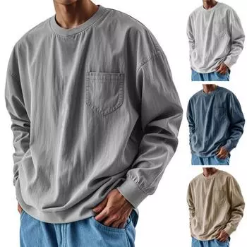 Весна Осень Мужской Топ с Нагрудным Карманом Круглый Вырез Длинные Рукава Эластичные Манжеты Футболка Однотонный Цвет Свободный Толстовка Для Повседневного Ношения Спорт S белый