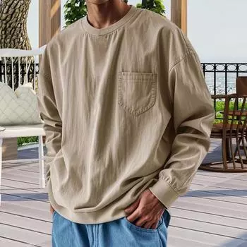 Весна Осень Мужской Топ с Нагрудным Карманом Круглый Вырез Длинные Рукава Эластичные Манжеты Футболка Однотонный Цвет Свободный Толстовка Для Повседневного Ношения Спорт S белый