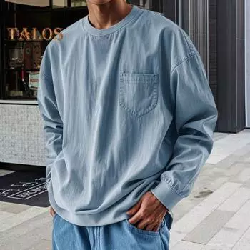 Весна Осень Мужской Топ с Нагрудным Карманом Круглый Вырез Длинные Рукава Эластичные Манжеты Футболка Однотонный Цвет Свободный Толстовка Для Повседневного Ношения Спорт S светло-синий