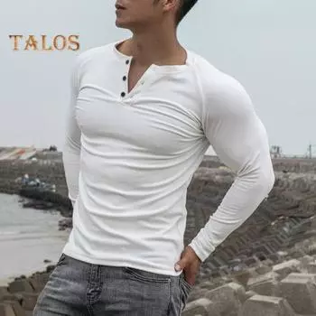 Весна-осень Мужской топ с пуговицами, круглым вырезом, облегающий крой, длинные рукава, однотонный пуловер, средняя длина, эластичная спортивная футболка для бега M чёрный