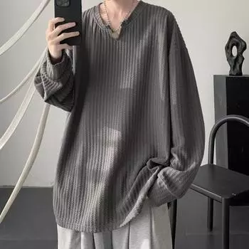 Весна Осень Мужской Топ V-образный вырез Длинные рукава Оверсайз Однотонный Свободный L белый