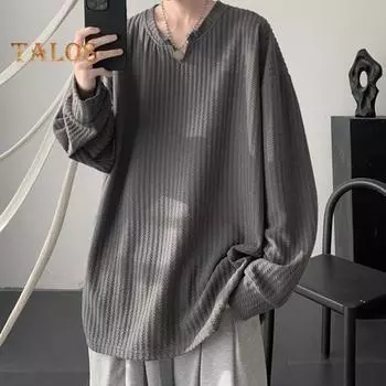 Весна Осень Мужской Топ V-образный вырез Длинные рукава Оверсайз Однотонный Свободный Средней длины Полосатый Текстурный Пуловер Хип-хоп Уличная Толстовка M чёрный