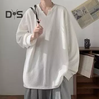 Весна Осень Мужской Топ V-образный вырез Длинные рукава Оверсайз Однотонный Свободный Средней длины Полосатый Текстурный Пуловер Хип-хоп Уличная Толстовка M темно-серого