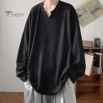 Весна Осень Мужской Топ V-образный вырез Длинные рукава Оверсайз Однотонный Свободный Средней длины Полосатый Текстурный Пуловер Хип-хоп Уличная Толстовка M темно-серого