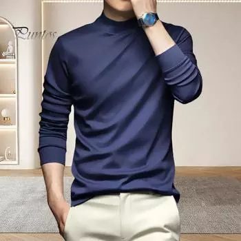 Весна Осень Мужской Топ Защита Шеи Полувысокий Воротник Slim Fit Эластичный Длинные Рукава Пуловер Базовый Свитшот Для Дома Спортивный Тренажерный Зал Уличная Одежда L красный