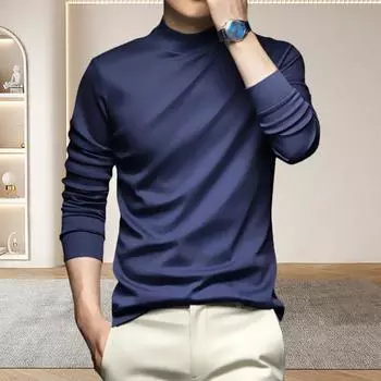 Весна Осень Мужской Топ Защита Шеи Полувысокий Воротник Slim Fit Эластичный Длинные Рукава Пуловер Базовый Свитшот Для Дома Спортивный Тренажерный Зал Уличная Одежда M чёрный