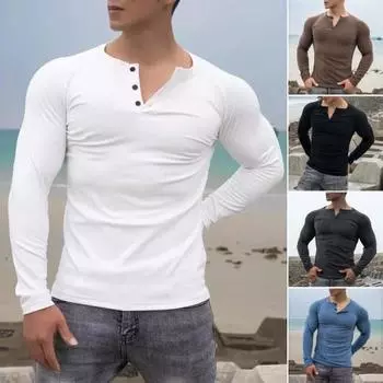 Весна Осень Мужской Топ Застегивающийся Круглый Вырез Slim Fit Длинные Рукава Однотонный Пуловер Средней Длины M чёрный