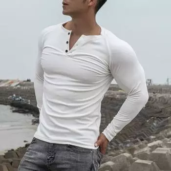 Весна Осень Мужской Топ Застегивающийся Круглый Вырез Slim Fit Длинные Рукава Однотонный Пуловер Средней Длины M чёрный