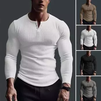 Весна Осень Мужской Топ Застегнутый V-образный вырез Slim Fit Эластичный Средней Длины Футболка Длинные Рукава Пуловер Толстовка Для Дома Спортивный Тренажерный Зал Уличная Одежда XXXL серый