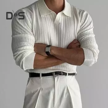 Весна Осень Мужской Верхний Трикотажный Нитка Slim Fit Пуловер Отложной Воротник Длинные Рукава Эластичный Чистый Цвет Повседневная Деловая Рубашка M чёрный