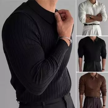 Весна Осень Мужской Верхний Трикотажный Нитка Slim Fit Пуловер Отложной Воротник Длинные Рукава M слоновая кость