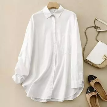 Весна-Осень, нагрудный карман, чистый хлопок, длинный рукав, рубашки для женщин, свободная блузка, повседневная дышащая винтажная рубашка M белый