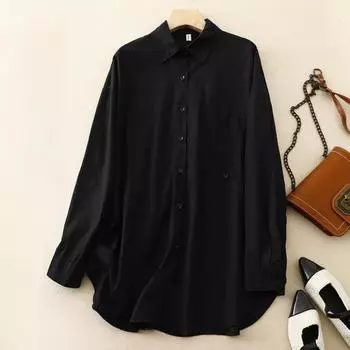 Весна-Осень, нагрудный карман, чистый хлопок, длинный рукав, рубашки для женщин, свободная блузка, повседневная дышащая винтажная рубашка M белый