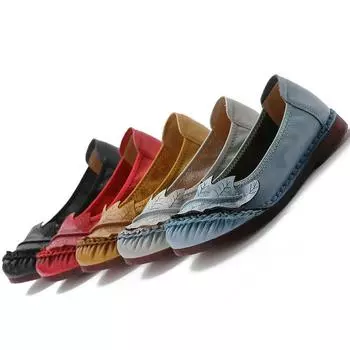 Весна Осень Натуральная Кожаная Обувь Женские Лоферы Стиль Листа Мягкие Модные Брендовые Туфли На Плоской Подошве Из Коровьей Кожи Синие Черные Желтые Большие Размеры 41 35 чёрный