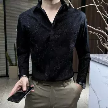 Весна Осень Новая Мода Рубашки с Длинным Рукавом и Воротником Поло Повседневные Универсальные Западные Свободные Для Поездок на Работу Простые Удобные Мужские Топы S чёрный