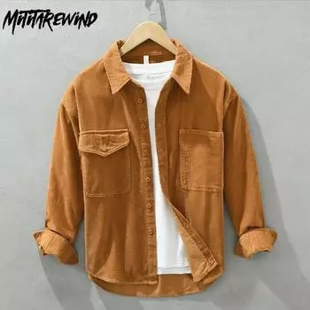 Весна/осень Новая мужская рубашка с длинным рукавом в японском стиле, рабочая одежда, мужские топы из чистого хлопка, повседневные вельветовые свободные рубашки, винтажная одежда M абрикосовый
