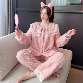 Весна Осень Новая плюшевая теплая женская пижама с кружевными лацканами, кардиган из 2 предметов, комплект женской милой однотонной пижамы для девочек L розовый