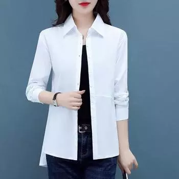 Весна Осень Новая повседневная рубашка для отдыха из чистого хлопка Блузка с лацканами и нестандартными боковыми разрезами Черные белые рубашки для женщин с длинным рукавом M(40-44kg) белый
