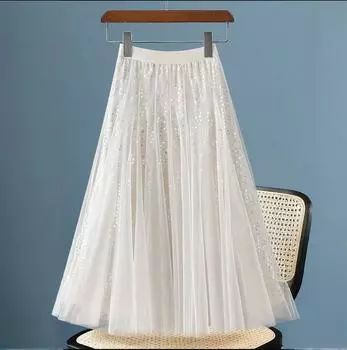 Весна-осень, новая юбка-трапеция средней длины с эластичным поясом и пайетками, юбка-трапеция с высокой талией, юбка-шарф из газовой ткани QT2479 One size бежевый