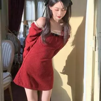Весна Осень Новое квадратное воротничок с длинным рукавом Модное миди-платье Женское Кружевное Лоскутное Платье High Street Винтаж Элегантные Платья S красный