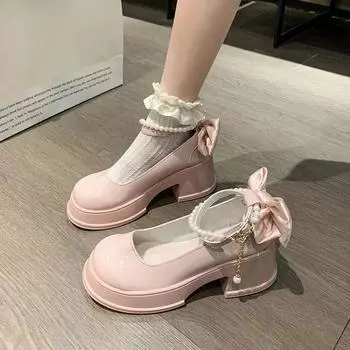 Весна осень Новые банты на толстом каблуке с жемчужными пряжками Мэри Джейн деловые женские туфли повседневная обувь для банкета для женщин Zapatos Mujer 35 чёрный