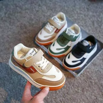 Весна Осень Новые Детские Кроссовки Мальчики Девочки Низкие Помощники Скейт Кожаные Ботинки Нескользящая Мягкая Подошва Универсальные Спортивные Повседневные Туфли 26(insole 16.5cm) чёрный