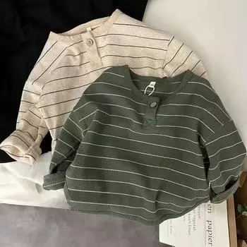 Весна Осень Новые Детские Повседневные Футболки Свободные Детские Полосатые Футболки Футболки Для Мальчиков Девочек Топы С Длинным Рукавом Детская Одежда 80 бежевый