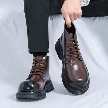 Весна Осень Новые Дизайнерские Кожаные Высокие Лоферы Мужская Мода Повседневная Новые Дизайнерские Черные Британские Туфли На Платформе Для Мужчин 38 чёрный