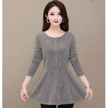 Весна Осень Новые Круглые Шеи Длинные Рукава Модные Футболки Женские Уличные Повседневные Лоскутные Пуловеры Винтажные Топы Средней Длины L серый