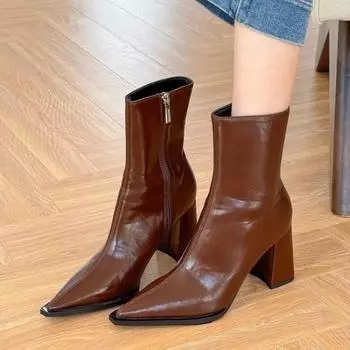 Весна Осень Новые квадратные головки однотонные универсальные туфли с боковой молнией на высоком каблуке женская верхняя одежда модные ботинки одинарные ботинки женские 35