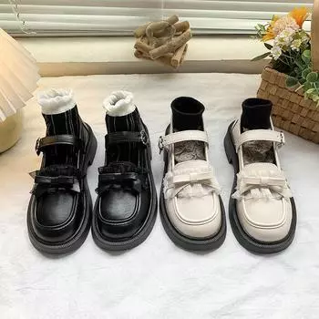 Весна Осень Новые Лоферы Женские Британские Туфли Мэри Джейн На Толстой Подошве Для Женщин Ретро Корейский Бантик Повседневные Туфли Из Искусственной Кожи Дамы 35 чёрный