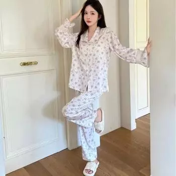 Весна Осень Новые Милые Штаны Пижамы с Длинными Рукавами и Широкими Рукавами для Общежития Чехол Для Верхней Одежды Милая Домашняя Одежда В Стиле Принцессы M бежевый