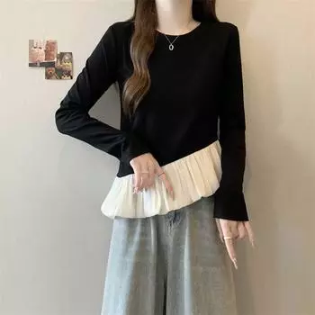 Весна Осень Новые модные футболки с круглым вырезом и длинным рукавом для женщин, уличные оборки, лоскутные свитера, элегантные универсальные топы L чёрный