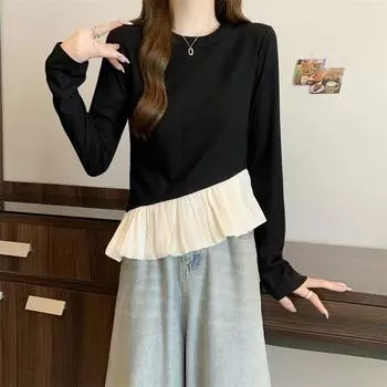Весна Осень Новые модные футболки с круглым вырезом и длинным рукавом для женщин, уличные оборки, лоскутные свитера, элегантные универсальные топы L чёрный