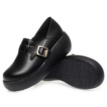 Весна Осень Новые Модные Повседневные Популярные Высокие Мягкие Кожаные Женские Круглые Носки Танкетка Толстая Подошва Противоскользящие Одиночные Туфли 35