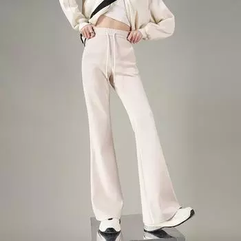 Весна Осень Новые Модные Расклешенные Брюки для Женщин Высокая Талия Slim Fit Однотонные Повседневные Спортивные Штаны S чёрный