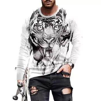 Весна Осень Новые Мужские Длинные Рукава Круглый Вырез 3D Цифровой Принт Футболка Мужская Спорт Фитнес Хип-Хоп Футболка Топы S