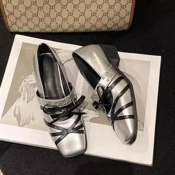 Весна Осень Новые панк-стиль Толстые высокие каблуки Квадратный носок Неглубокий бант Перекрещенные заклепки Натуральная кожа Женские современные туфли-лодочки 35 чёрный