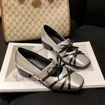 Весна Осень Новые панк-стиль Толстые высокие каблуки Квадратный носок Неглубокий бант Перекрещенные заклепки Натуральная кожа Женские современные туфли-лодочки 35 чёрный