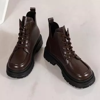 Весна Осень Новые женские Ботинки на шнуровке спереди с круглым носком и средним каблуком Короткие Ботильоны для женщин Нескользящая Платформа Повседневная Обувь 35