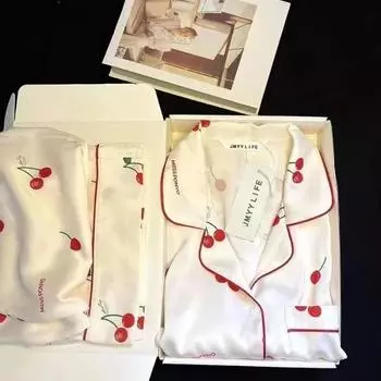 Весна Осень Новый Ice Silk 2 шт Пижама для женщин Модный кардиган Женская пижама Милый принт Домашняя одежда женский комплект M