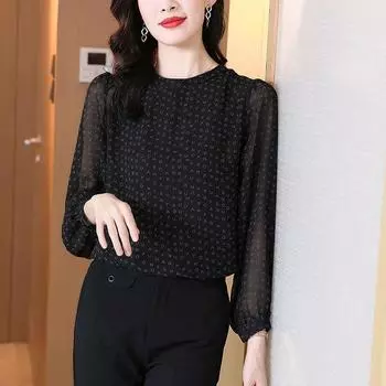 Весна Осень Новый Топ с круглым вырезом и буквенным принтом Женская шифоновая блузка с длинными рукавами Модная свободная рубашка S-4XL XXXL чёрный