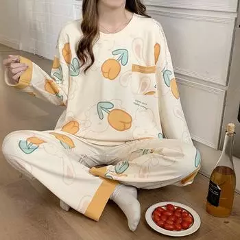 Весна Осень Новый Женский Длинный Рукав Пижамы Милый Девочки Хлопок Свободный Покрой Домашний Декор 2 Предмета Домашняя Одежда M