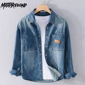 Весна/осень, облегающая джинсовая рубашка с длинным рукавом, мужская, красивая, уличная, синяя джинсовая рубашка в стиле ретро с двойными карманами, повседневная рубашка M светло-синий