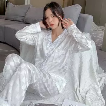 Весна-Осень однотонная клетчатая женская пижама из тонкого искусственного шелка и атласа, пижамный комплект с длинным рукавом, большой размер, женская домашняя одежда M